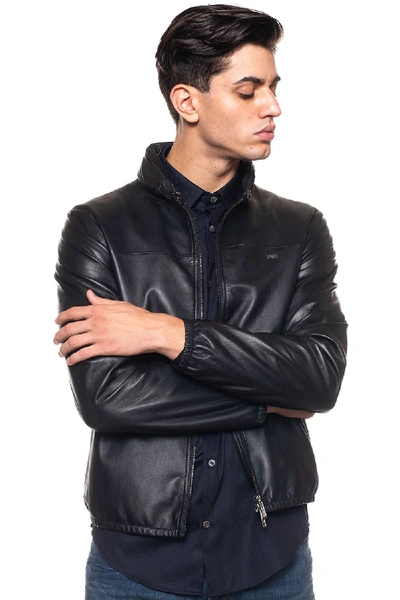 Emporio Armani Leather Harrington Jacket Black Leather Man