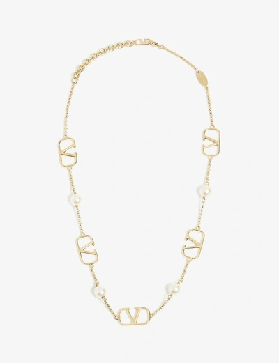 Valentino Garavani V Logo & Imitation Pearl Slim Necklace In Gold,white