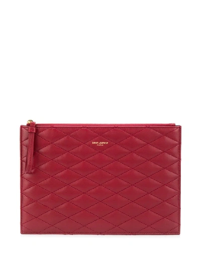Saint Laurent Black Leather Diamond Quilted Clutch Bag In Red