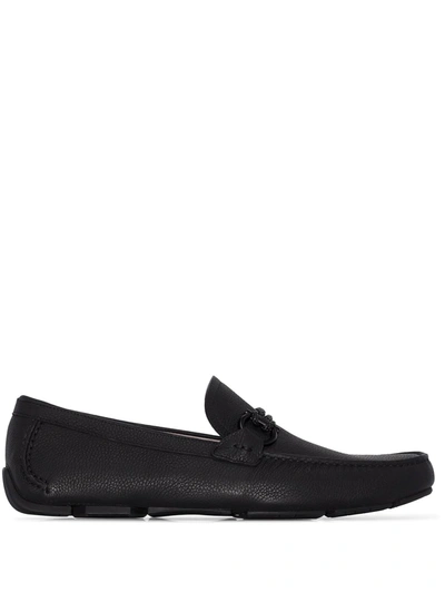Ferragamo Front Buckle Leather Driver Loafers In Blue