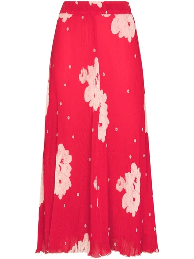 Ganni Floral Plisse Pleated Georgette Skirt In Red