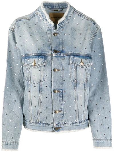 Alexandre Vauthier Crystal Denim Distressed Rhinestone Jacket In Blue