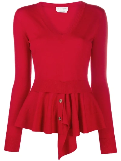 Alexander Mcqueen Peplum-hem V-neck Jumper In Red