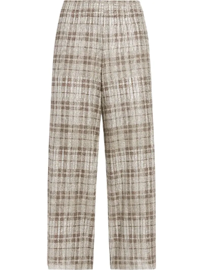 Alice And Olivia Elba Cropped Checked Metallic Stretch-knit Wide-leg Trousers In Silver