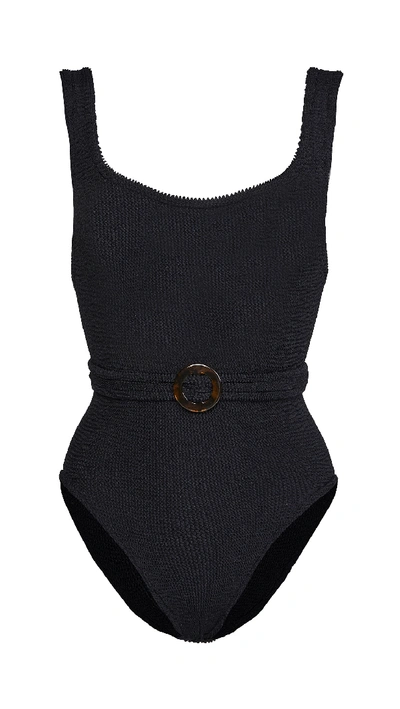 Hunza G Solitaire Belted Ribbed-jersey Swimsuit In Black