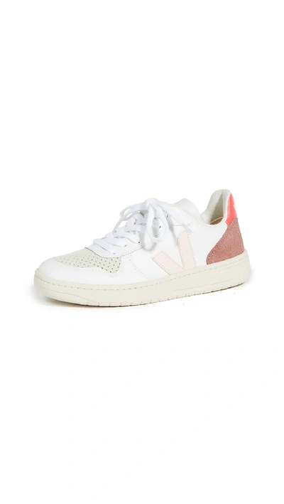 Veja V-10 Lace-up Sneakers In White,pink,grey