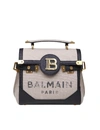 BALMAIN B-BUZZ 23 HANDBAG IN NATURAL / BLACK CANVAS WITH LOGO,11458381