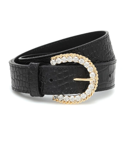 Alessandra Rich Embellished Croc-effect Leather Belt In Black