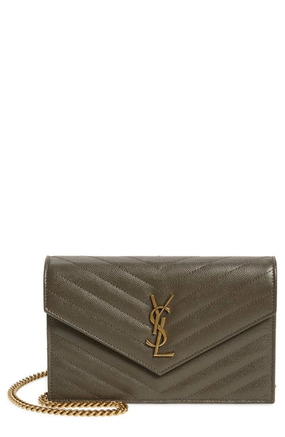 Saint Laurent Monogram Quilted Leather Wallet On A Chain In Pebble