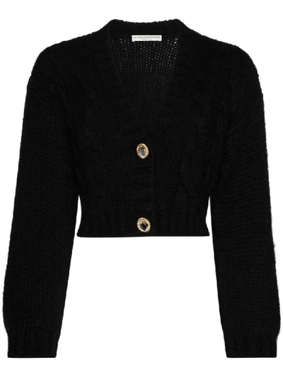Alessandra Rich Cropped Crystal-embellished Cable-knit Mohair-blend Cardigan In Black