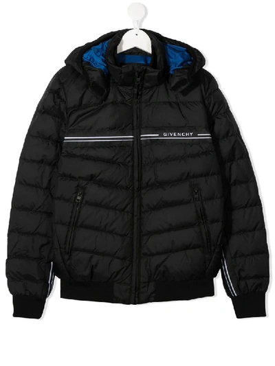 Givenchy Kids' Quilted Logo Stripe Down Jacket In Nero