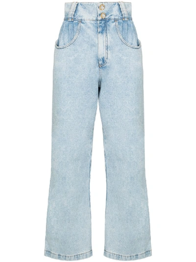 Alessandra Rich High Waist Cotton Denim Wide Leg Jeans In Blue
