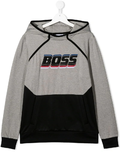 Hugo Boss Kids' Logo Embroidery Sweatshirt Hoodie In Grey