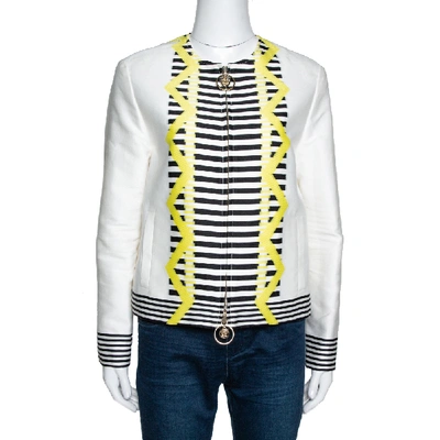 Pre-owned Versace White Striped Jacquard Cotton Zip Front Jacket S