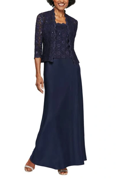Alex Evenings Petite 2-pc. Lace Jacket & A-line Dress Set In Midnight Blue