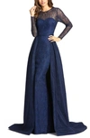 MAC DUGGAL LONG SLEEVE LACE COLUMN GOWN WITH OVERSKIRT,12356