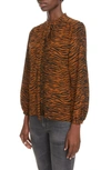 SAINT LAURENT TIGER PRINT TIE NECK SILK BLOUSE,625570Y5B68