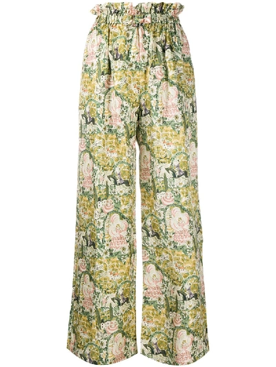 Shrimps Libra Buckle-embellished Printed Silk-twill Wide-leg Pants In Green