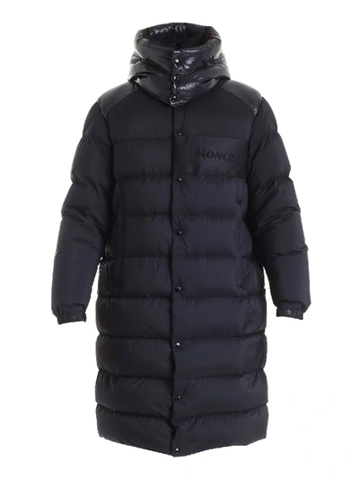 Moncler Autaret Long Down Jacket In Blue Featuring Hood