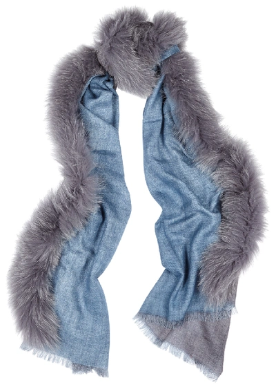 Ama Pure Blue Fur-trimmed Wool Scarf