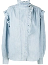 Isabel Marant Étoile Gossia Blue Ruffle-trimmed Chambray Blouse In Blue-lt