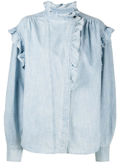 Isabel Marant Étoile Gossia Blue Ruffle-trimmed Chambray Blouse In Blue-lt