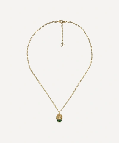 Gucci Gold Chrome Diopside And Diamond Lion Head Pendant Necklace