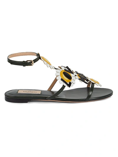 Valentino Garavani Love Me Daisy Leather Flat Sandals In Nero