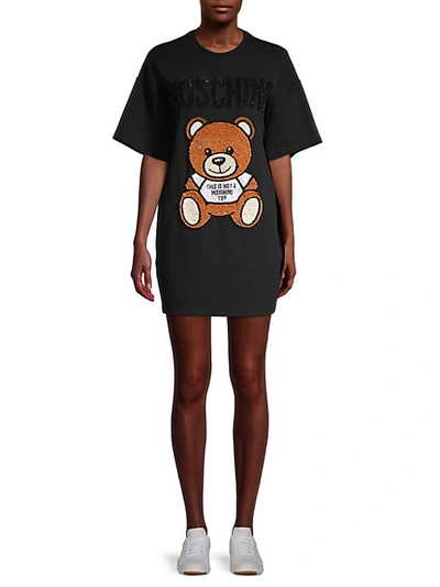Moschino Sequin & Embellished Bear T-shirt Dress In Black Multi