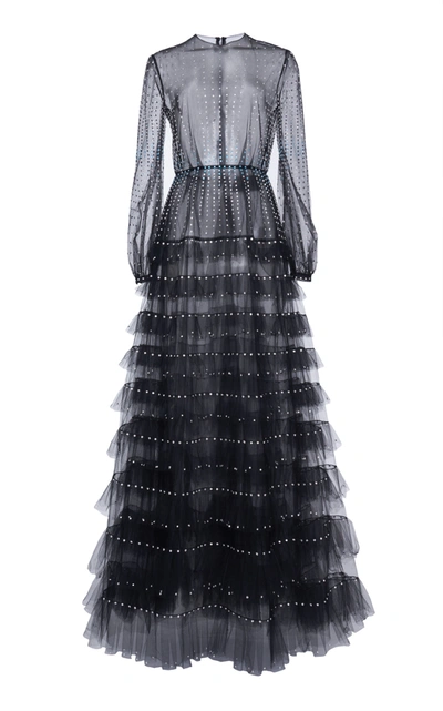 Valentino Crystal-embellished Ruffled Tulle Gown In Black