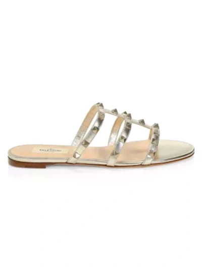 Valentino Garavani Rockstud Metallic City Flat Slide Sandals In Skin