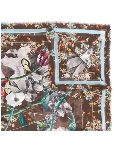 Zadig & Voltaire Logo Floral Embroidered Scarf In Brown