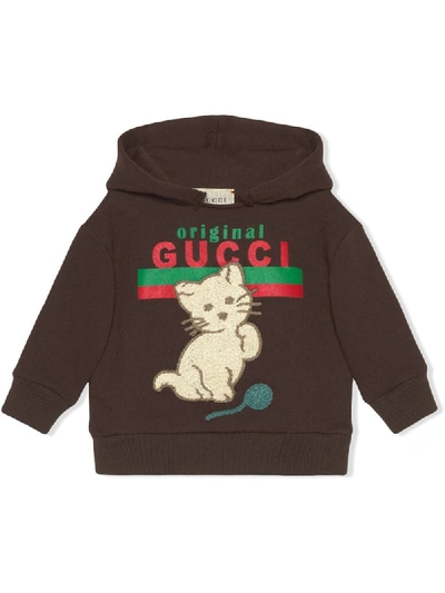 Gucci Babies' Original  Cat Print Hoodie In Brown