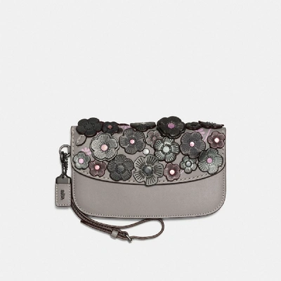 Coach Clutch With Small Tea Rose In Grey