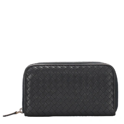 Pre-owned Bottega Veneta Black Intrecciato Leather Zip Around Wallet