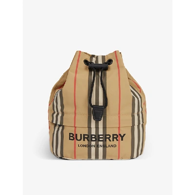 Burberry Phoebe Icon Stripe Drawstring Bucket Bag In Beige