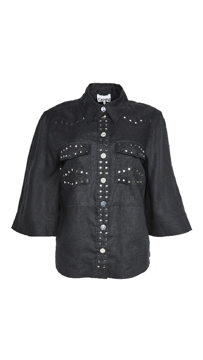 Ganni Flared-sleeve Studded Linen Shirt In Metallic,black