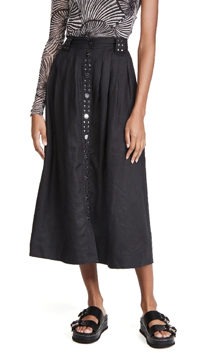 Ganni Studded Pleated Linen-gauze Midi Skirt In Black