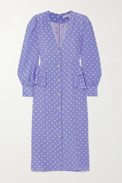 Alessandra Rich Embellished Ruffled Polka-dot Silk Crepe De Chine Midi Dress In Purple,white