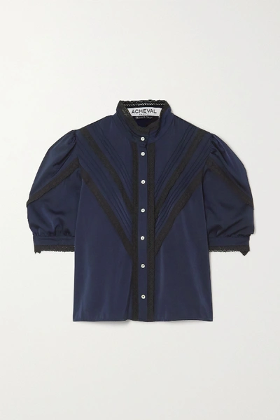 Acheval Pampa + Net Sustain Yegua Pleated Lace-trimmed Stretch-cotton Poplin Blouse In Blue