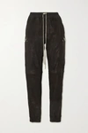 RICK OWENS STRETCH-LEATHER AND COTTON-BLEND TRACK PANTS