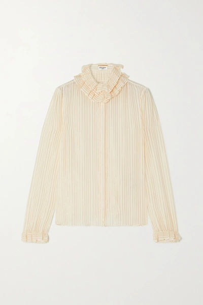 Saint Laurent Ruffled Striped Metallic Silk-blend Shirt In White,gold