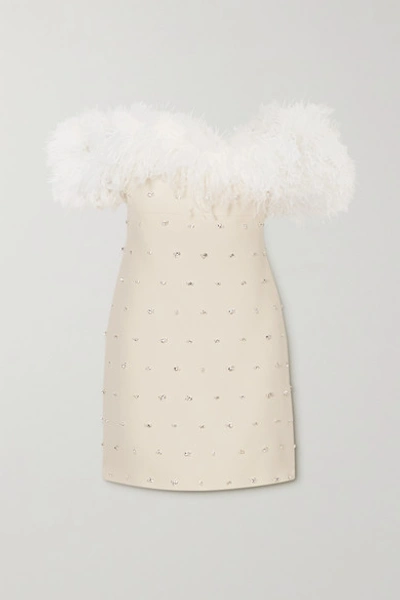 Miu Miu Off-the-shoulder Feather-trimmed Embellished Wool And Silk-blend Mini Dress In White