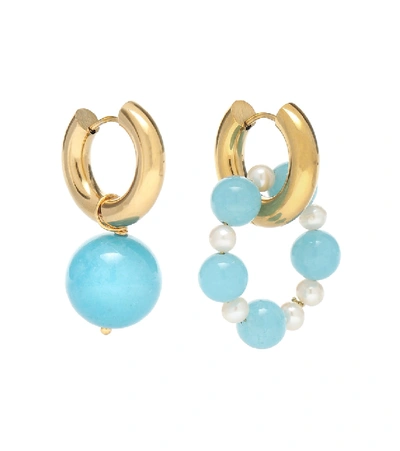Timeless Pearly Mismatched 24kt Gold-plated Hoop Earrings With Faux Pearls In Turquoise