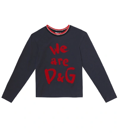 Dolce & Gabbana Kids' Logo Flocked Jersey Long Sleeve T-shirt In Navy