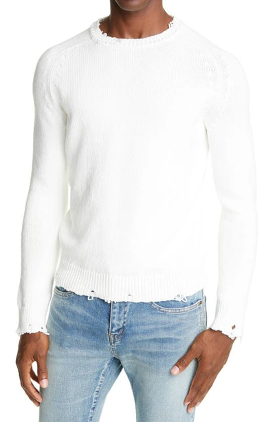 Saint Laurent Distressed Crewneck Sweater In White