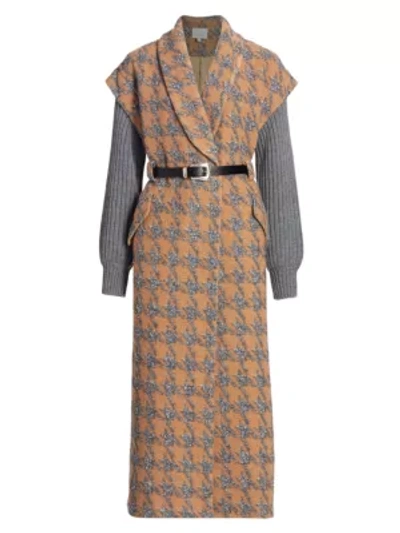 Cinq À Sept Melissa Wool-blend Rib-knit Sleeve Houndstooth Coat In Cinnamon Charcoal