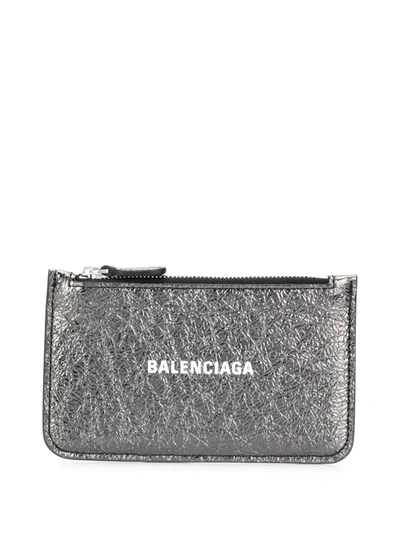 Balenciaga Logo Metallic Leather Card Holder In Silver
