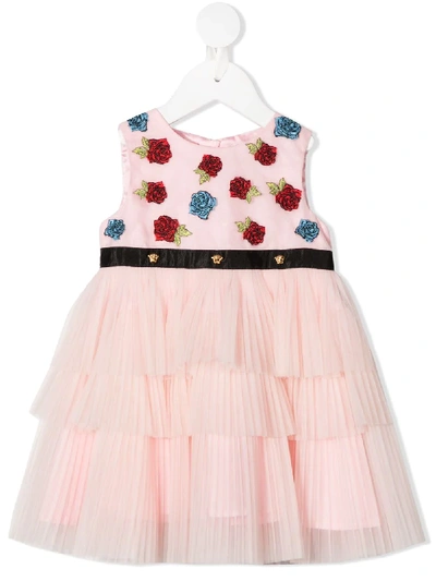 Young Versace Babies' Rose-embroidered Dress In Pink
