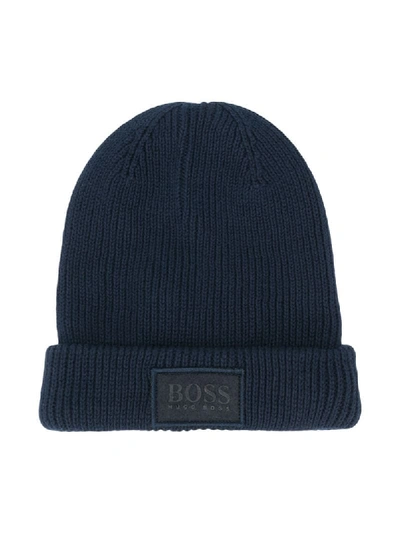Hugo Boss Ribbed Knit Cotton Beanie In Blue